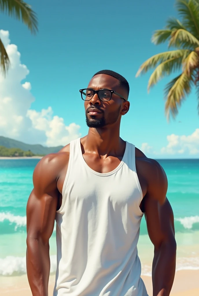 Generate an image of a 45 year old, dark-skinned, baldie, beard, hairy chest, in shorts, near a swimming pool, with friends at the barbecue.