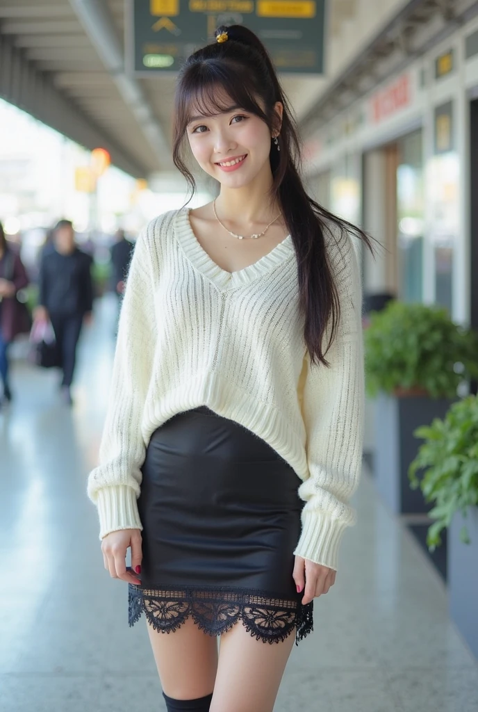 (Skin blemishes:1.2), (Skin Indentation), Dark circles, 1Missl, 25 years old, (((Miss))), Solitary, Practical, best quality, Reality, proficient, 8K, high resolution, Solitary, Extremely detailed face, (Professional lighting，Bokeh），（Light Particles，lens flare，Glowing particles：0.6），（Dynamic poses：1.2），Soft Lighting，Top angle view，fashionable atmosphere，China，street，City，Beijing，（（During the day)), sky sky, ((Looking at the audience:1)), (Looking at the camera), Gorgeous, stand up, Maintain original facial proportions, Shave your shoulders, Full Body Love, (Medium chest), (Long, delicate hair), Brown hair, Flutter, Open lips, Lipstick, 迷人的Smile, Smile, Open your mouth, teeth, (Blue grey tight sweater), (White）（Business Mini Skirt),32 inches in the chest,(a charming smile:1), (sexy pose)，(standing pose) , eyelash, birthmark, (Mole under the eye: 1),Proportionate legs, Thin and white，A pair of lotus feet，White and tender，No shoes，Delicate and beautiful feet，Focus on the chest，Full body image