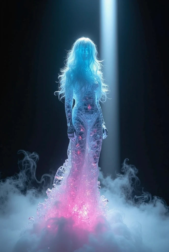 Latina humanoid figure with opalescent skin, 40 yo, Adult Model Daisy Marie, hair flowing like molten silver cascading down to her ankles, eyes sparkling like galaxies, and iridescent butterfly wings sprouting from her back, hovering above a phosphorescent crystal garden. Full frontal shot, looking seductively at viewer