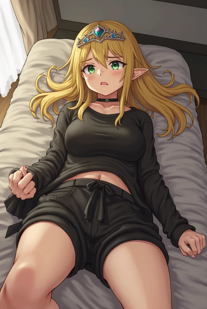 (best quality), (highly detailed), (masterpiece), (1girl), (Marcille Donato DungeonMeshi), blonde hair, long hair, twin braids, elf, pointy ears, green eyes, red choker, slim body, medium Breasts, Long legs, (thin legs: 1.3), (white camisole: 1.5), (black side tie panties), looking at viewer, full body, (sit sofa), dutch angle, night, faint light, indoors, living room, on the couch,
