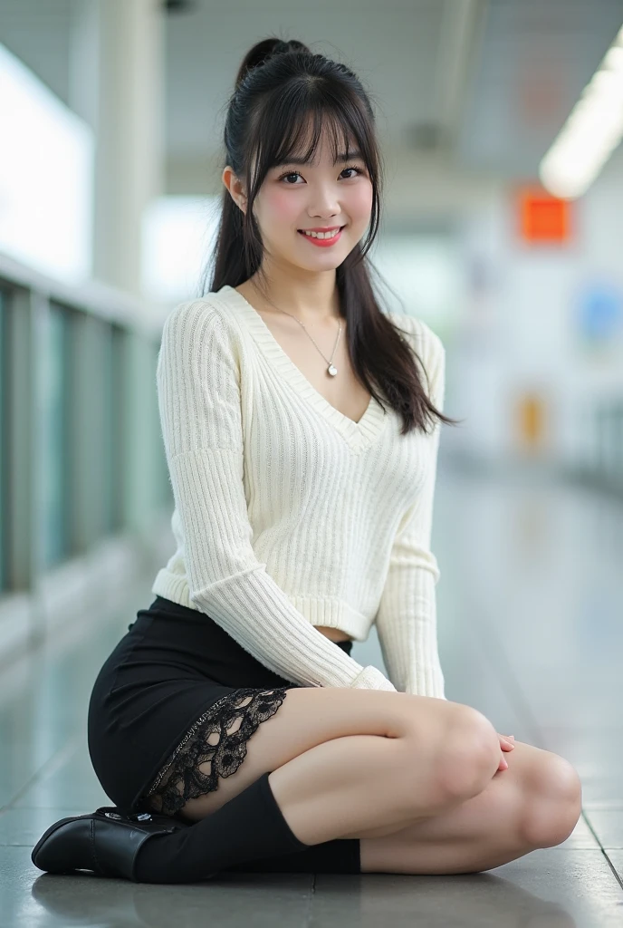 Ulzzang-6500-v1.1, (RAW Photos:1.2), (Realistic), (Genuine:1.4), １girl、Perfect Anatomy、Sit on the stairs、Arms wrapped around the back、Full body photo、Looking into the camera、pumps、Knee-length skirt、Black Hair、smile、Short sleeve blouse、