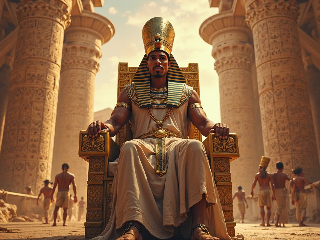 An ancient king, sitting on a chair, surrounded by ancient Egyptian, in a desert.