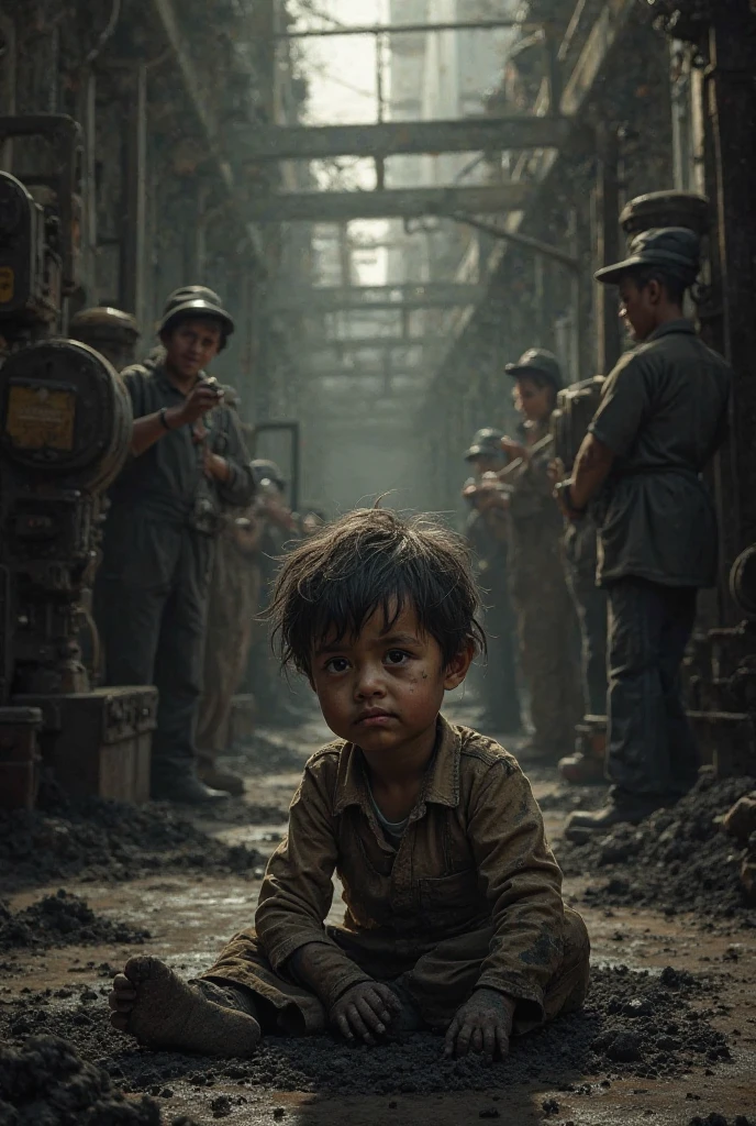 Children working with coal and watching other children playing happily