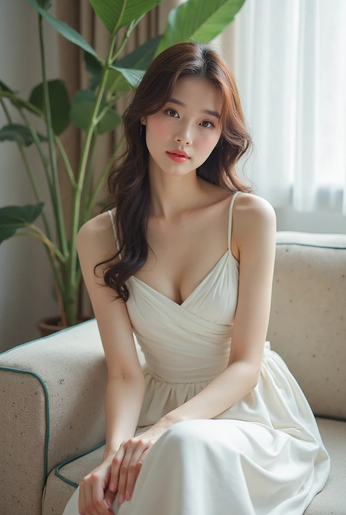 (NSFW)、(masterpiece:1.5)、(photorealistic:1.5)、(highest quality:1.4、8K、Raw photo)、
ultra high resolution、professional lighting、perfect dynamic composition、Indoors、
film grain、chromatic aberration、(Bokeh:1.1)、
Frank、Sophisticated、attractive、surreal、high detail、golden ratio、
(1 girl)、Slender girl、繊細でattractive女の子、cute woman:1.4、
serious expression、looking at the viewer、Full body Esbian、
light brown hair、shining hair、half up hairstyle、
skin that looks real、
close your mouth、detailed eyes、double eyelid、thin arms、
(wearing a white dress:1.4)、(showing thighs:1.3)