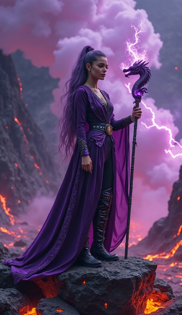 A woman with purple scales on her face, a black medieval wizard outfit with a cape, with a tail that has a triangle-shaped tip