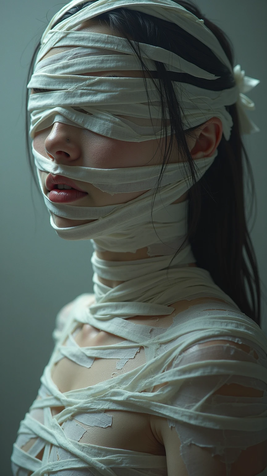 ing from the ceiling, dim lighting, dark atmosphere, oil painting style, vibrant colors, intense emotion. (best quality, highres, ultra-detailed, realistic:1.2), spiderweb, trapped, delicate facial features, fear in her eyes. half body visible,(gagged:1.4),