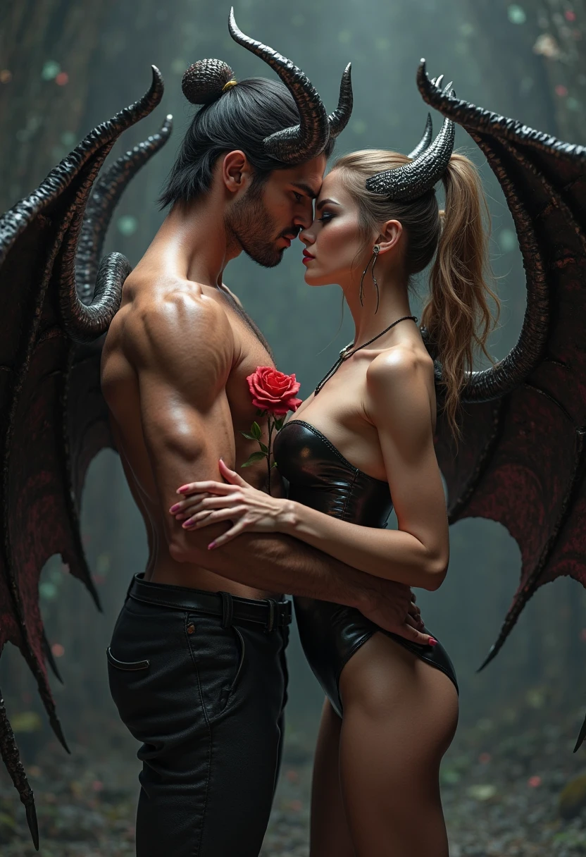 there are two men that are kissing in front of a moon, cinematic film still, shutterstock, film grain, ultra-photorealistic, eros and thanatos, muscular men romantically together, two muscular men embracing in each other arms, muscular male incubus with dark red horns, celestial god-like male angel with breathtaking angel wings, beautiful contrasting, intricate details, good and evil, demon versus angel, good and evil, romance novel cover, homoerotic, gay love, dark romantic fantasy, twilight atmospheric glow