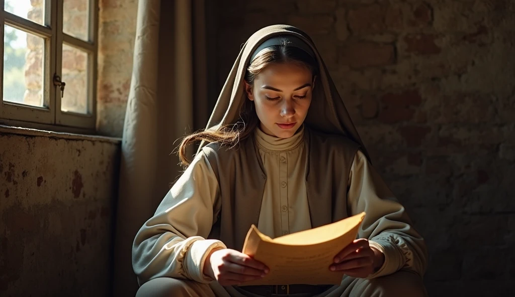 A medieval writer inside a monastery, by candlelight, writing on parchment with a quill
