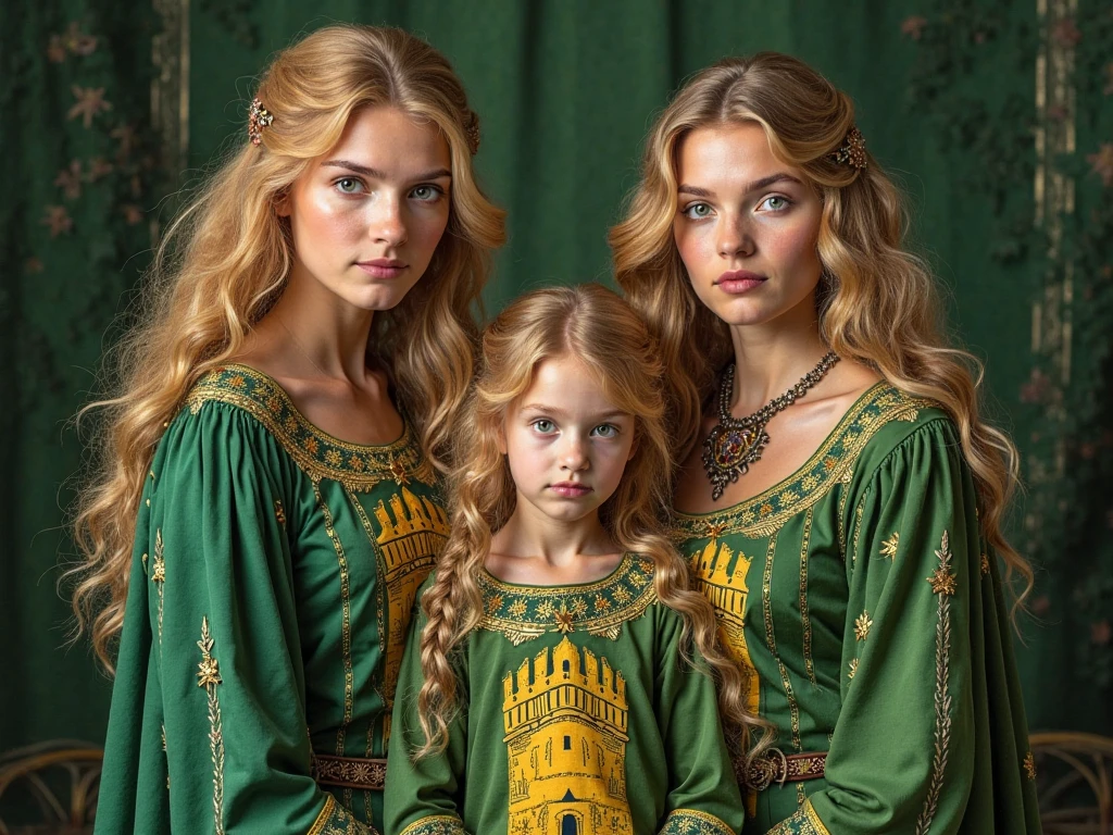 A gorgeous, pretty, shiny, kind-hearted, warm-hearted, sweet, polite, sensitive, friendly, charming, graceful, stylish, classy, alluring, majestic, ethereal, angelical ginger long haired russian woman dressed in traditional folk winter costumes. She's with a little cute girl.
