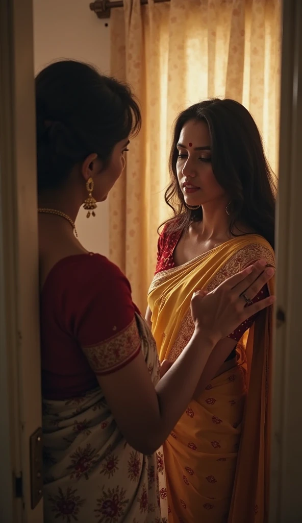 pretty like princess,indian woman wearing saree and short sleeve blouse in a dusty room in front of other woman watching her,she is wearing silver satin synthetic saree on a black u neck short sleeve blouse,she is sweating heavily due to the humidity in the room,she has huge breasts and a narrow waistline, curvy hips and slim waist,glossy lips,long lush hair tied up in pony style,crying face expression and shocked look at the same time,sweat droplets on her body and the woman trying to dress her up