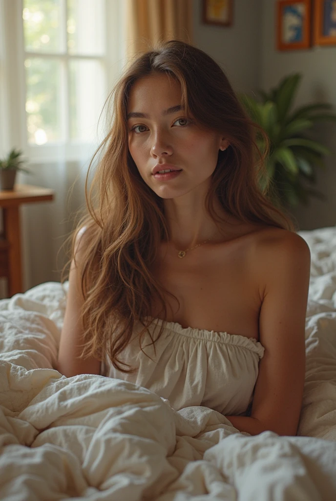 beautiful girl, with long wavy hair, Lying on a bed with white sheets, not