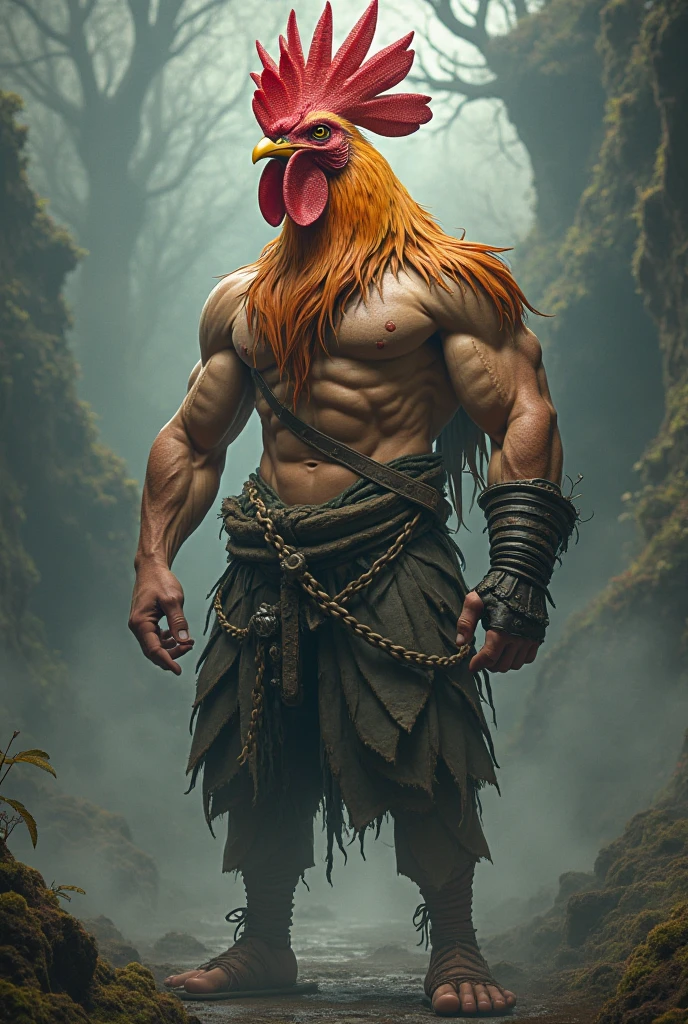 Muscular man dressed as Pennywise without shirt. The background is a dark forest.