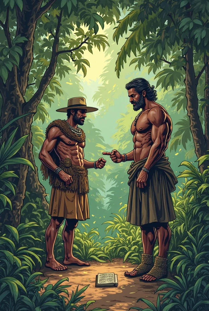 Nods affirmatively. He agrees to teach hunting techniques to him and, in exchange, hopes to learn about fishing techniques. With a gesture, draws a symbol on the ground that represents the "accord", tracing two overlapping circles that symbolize the union of the two tribes