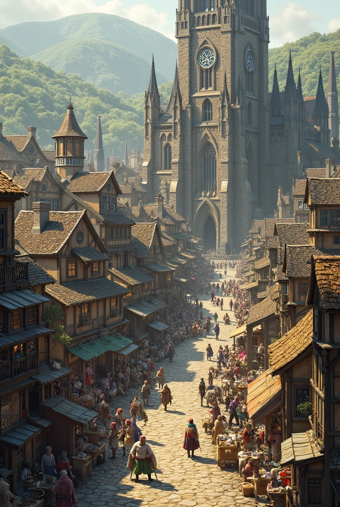 Create a detailed image of a medieval town with people - SeaArt AI