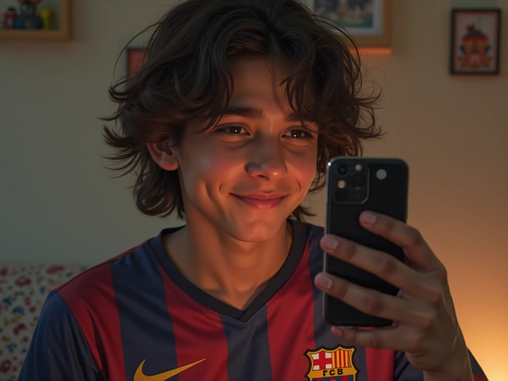 Cute boy with mullet and glasses, with an iPhone in his hand taking a picture in the mirror wearing a Flamengo team shirt.