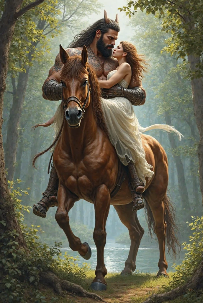 A centaur, strong and muscular, holds a beautiful woman in his arms as they dance by a river. The woman, with flowing hair and a look of passion in her eyes, leans into the centaur's embrace. The setting sun casts a warm glow on the scene. [Fantasy art, in the style of Boris Vallejo], [Lens: 35mm, Aperture: f/2.8, ISO: 100, Lighting: warm and soft, Color Palette: warm browns, golds, and blues, Background: a hazy sunset with a river and rocky outcroppings, Rendering: realistic and detailed]

