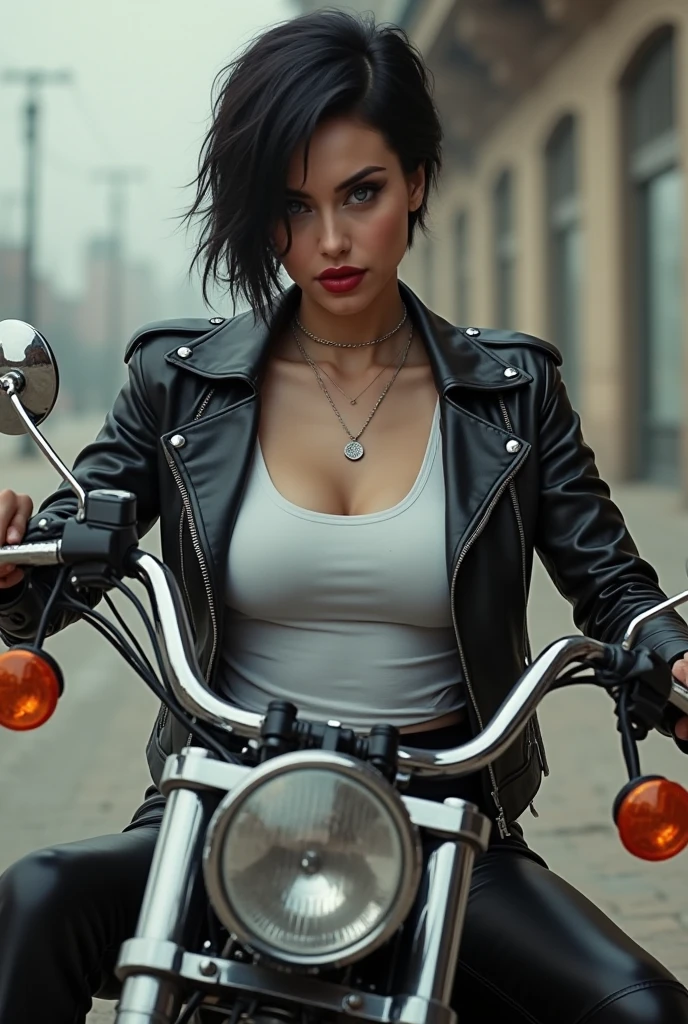 Beautiful young woman, similar to Marilyn Monroe, but dark curly short hair, red lips, dressed in steampunk, cyberpunk style, sitting full length on a Honda type motorcycle on a dark grunge background, high detail, dark atmosphere, painting, hyper-realistic photography, cinematic quality, high detail