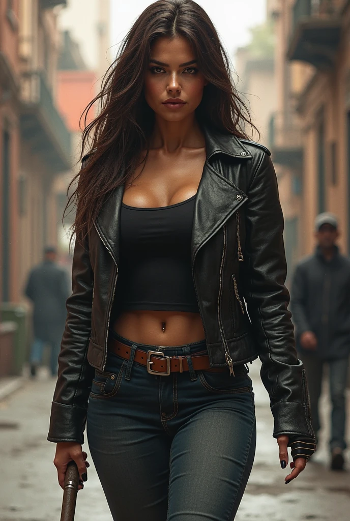 best quality, high quality, ultra quality, 8k, masterpiece, detailed, extremely detailed, insanely detailed, ultra detailed, ultra highres ,exquisite,
lifelike Images,cinematic experience,UHD picture,Realistic,photorealistic,hyperrealistic,vivid,RAW photo,shot by DSLR, cleavage, (black leather jacket:1.2), white tank top, black leather pants, city