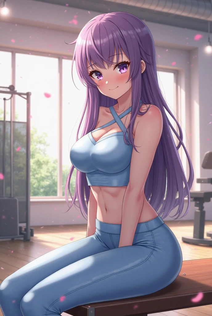 <lora:rosa_brawl-07:0.9>, (brawlrosa:1.2), dark skin, purple hair, 1girl, solo, smile, medium breasts, looking at viewer, black sportswear