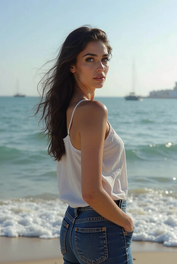 30 year old brunette woman, slightly dark skin, long hair, fine face facing the sea of Malaga
