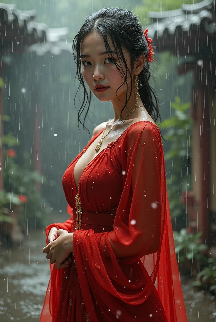 Create an Asian beauty,Red cheongsam,Sitting on a stool,Keep your legs together,Scratching the scalp with both hands,Two hands washing hair on top of head,There is a lot of foam and water on the head,Foam wrap head,Realistic foam,Seductive expression,Character front position,Real People,Character Close-up,Ancient attic background,9:16 frames,Ultra HD painting
