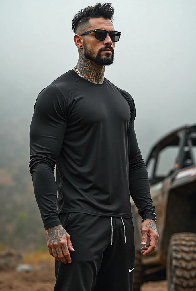((best quality)), ((masterpiece)), (detailed), realistic face real bald muscular male upper body wear dark black pullover at night camp
