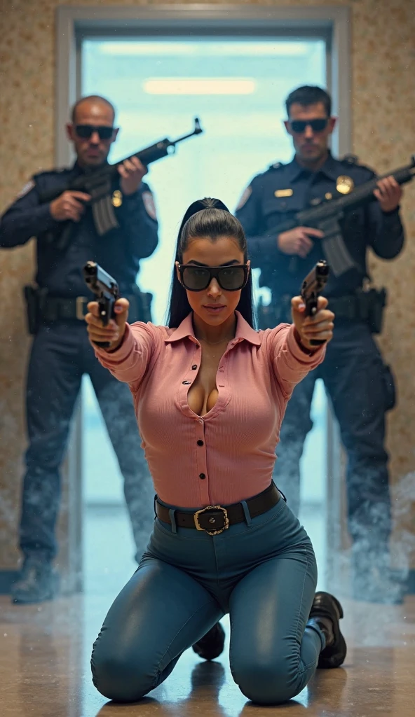 Believe me, a musical cover that is a very war art style., mujer sexy en bikini con arma ak47, thief balaclava, cuerpo curvo, robando un banco, pacas de billetes, joyas tiradas, mas mujeres semi desnudas de fondo, armas y manos detalladas.