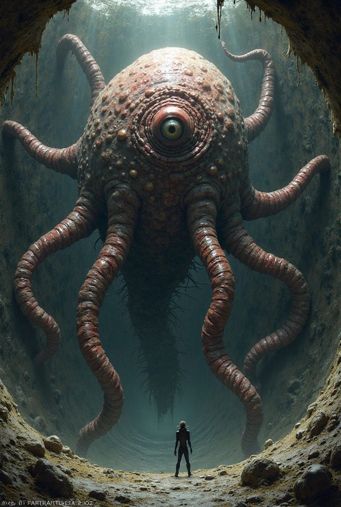Even now I cannot begin to suggest it with any words at my command. I might call it gigantic—tentacled—proboscidian—octopus-eyed—semi-amorphous—plastic—partly squamous and partly rugose—ugh! But nothing I could say could even adumbrate the loathsome, unholy, non-human, extra-galactic horror and hatefulness and unutterable evil of that forbidden spawn of black chaos and illimitable night. As I write these words the associated mental image causes me to lean back faint and nauseated.