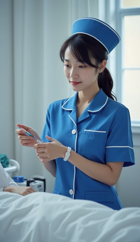 (medium shot), 1girl, (cheek heart:1.4), smiling beautiful Japanese female nurse wearing fitted aqua nurse dress, beautiful detailed face, Japanese woman, sitting, black hair, pale skin, realistic skin, detailed cloth texture, detailed hair texture, Perfect proportion, accurate, Anatomically correct, Highly detailed face and skin texture, modern hospital bed, photorealistic