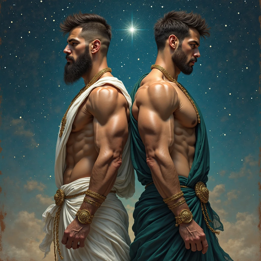 Photorealistic, ((best quality)), ((masterpiece)), (detailed),masculine portrait of geminis, personificatioin of GEMINIS, (idenitcal twins:1.6), alike twins, looking exactly the same twins, 18-year-old male twins models, handsome, tall, cute looking twins, evil look, dark look, powerful, 2 young identical male twins, handsome models, super strong, muscular, fit, massive muscles, six pack, clean shave, green eyes. (short curly messy brown hair:1.4), messy curly hair, ancient linen Greek small skirt, linen antique draped cloth skirt, shirtless, barechested, muscule, ripped, strong body, fit body, brothers, highlands scotland, green fields, constellations, Mercury, galaxies, 8k, high detailed, ultra-detailed, Stylish Pose, real skin texture, dark cinematic lighting, ancient outerspace, constellation, galaxies, stars in the background
