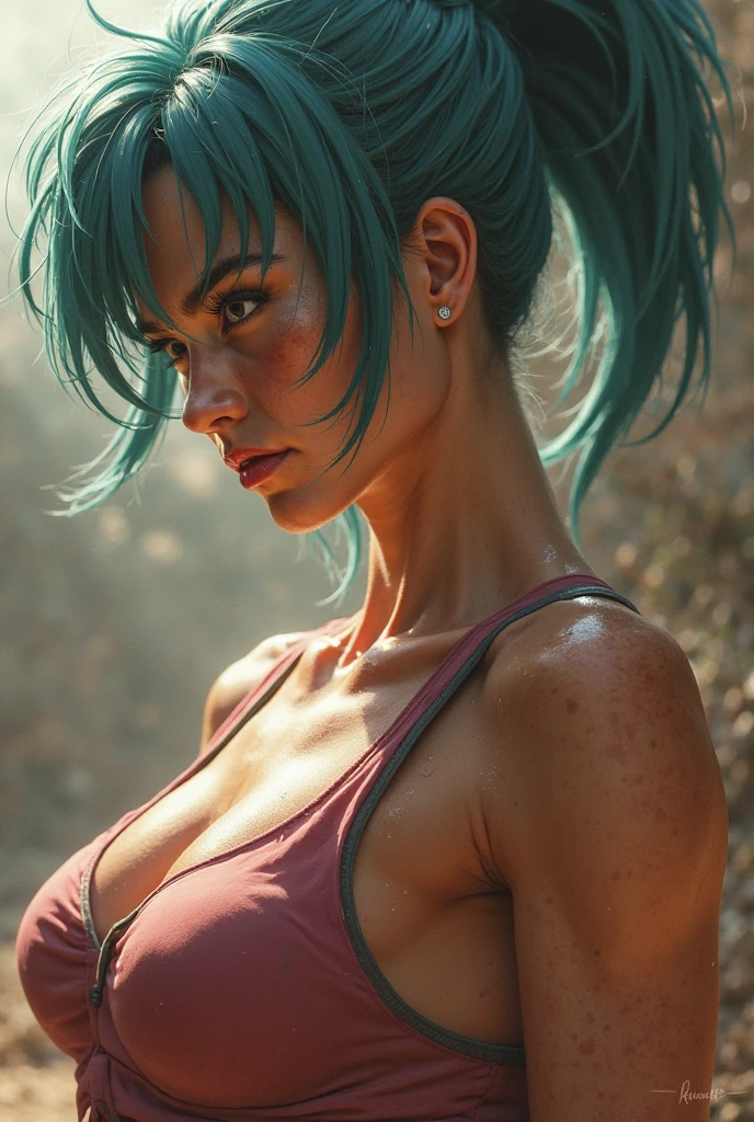 cute redhead woman in twin tails, multiple rainbow colored hair, sky-blue eyes, happy, Ukrainian, petite, pale skin, wearing a green metallic color bikini, post apocalyptic background, bleak barren desert, photo realistic woman.