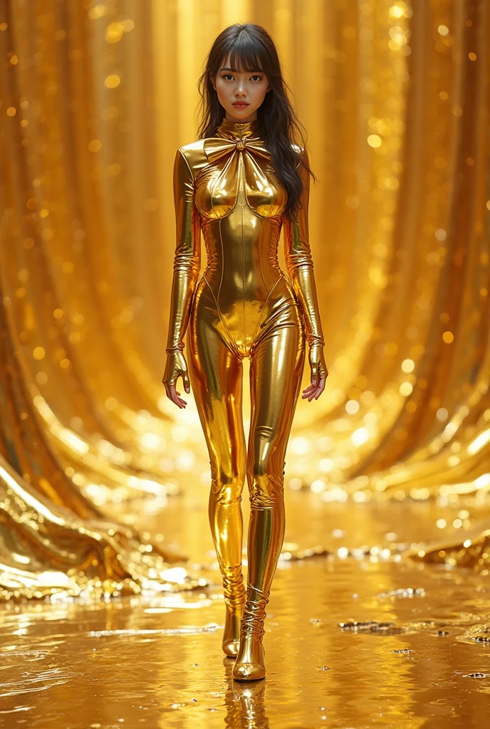 Naked woman dynamic pose, in gold metal jewelry on whole body, by Dan Piraro,  (but extremely beautiful:1.4), large breasts, slim figure, wide hips, (intricate details, masterpiece, best quality:1.4) , in the style of nicola samori, silhouette contrast, Retro-futuristism, vintage sci fi, 50s and 60s style, atomic age, vibrant, highly detailed, retro futurism, dynamic pose, looking at viewer, futuristic steampunk background 
