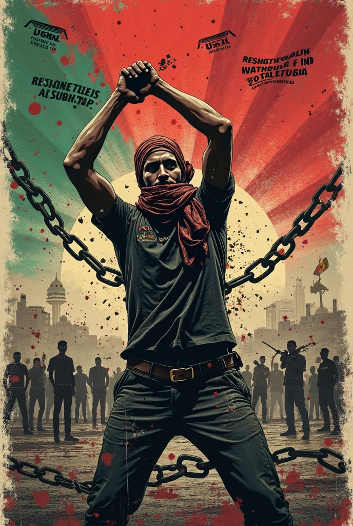One man with dusky skin standing wearing a beanie on head and bandana covering his face standing in the middle of a war field. Blood all over his white tshirt. Holding headphones in hand dripping blood from it. Microphone in front of his face on a mic stand connected with a snake instead of a wire. Dangerous look in his eyes. Sun shining and birds flying in the sky. 100 of boys in background smoking, throwing champagne and everyone excited and going crazy. People holding cardboard saying Mumbai and 56. The man Standing still beneath him there are many dead bodies laying face down dressed in hip hop clothing and complete blood bath on the ground. 