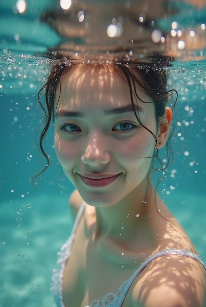 A Japanese bikini 👙 girl with huge breasts and curvy hips wearing small sunglass with Ponytail hairstyle coming out from the swimming pool fully wet, sharp focus, depth of field, 8k photo, HDR, professional lighting, taken with Canon EOS R5, 75mm lens