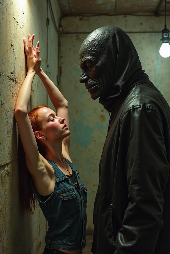 63-year-old woman screaming in pain as she is surrounded by a terrifying black figure 