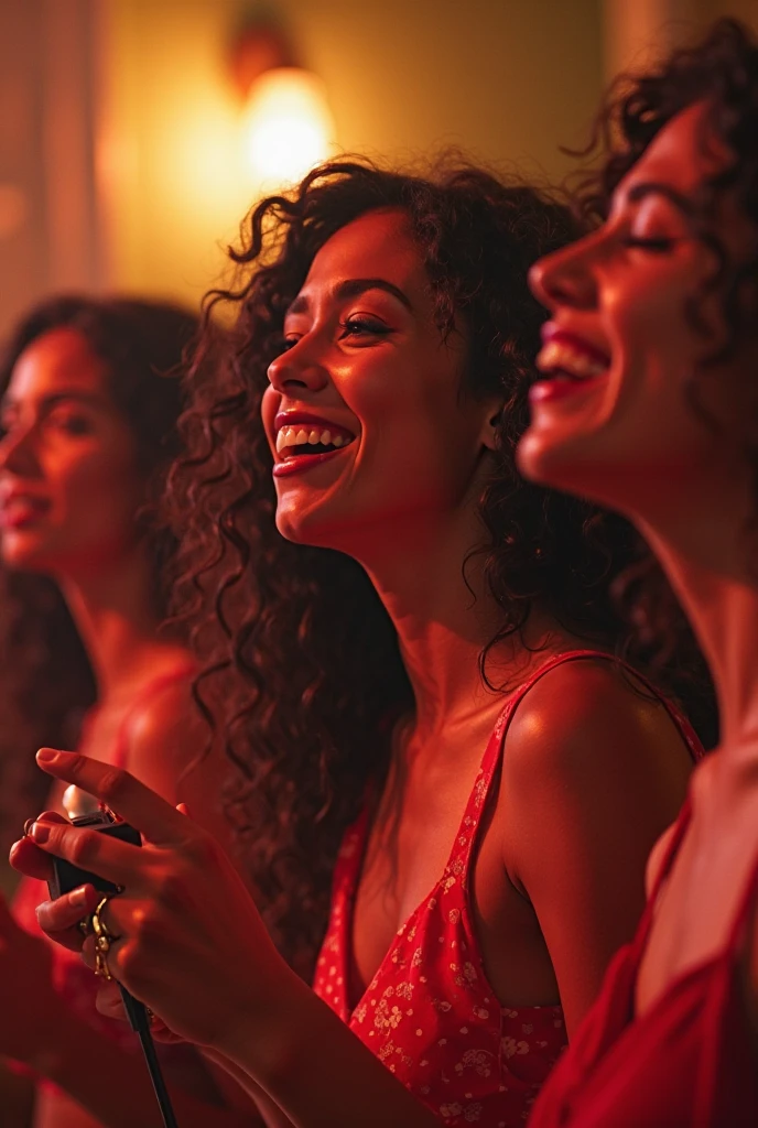 Peux tu faire une femme avez le cheveux frisé matte de peau avez les yeux verts
Avec ses amies en train de rire et danser
Elle porte une robe élégante et a du rouge lèvre
La photo doit être réaliste