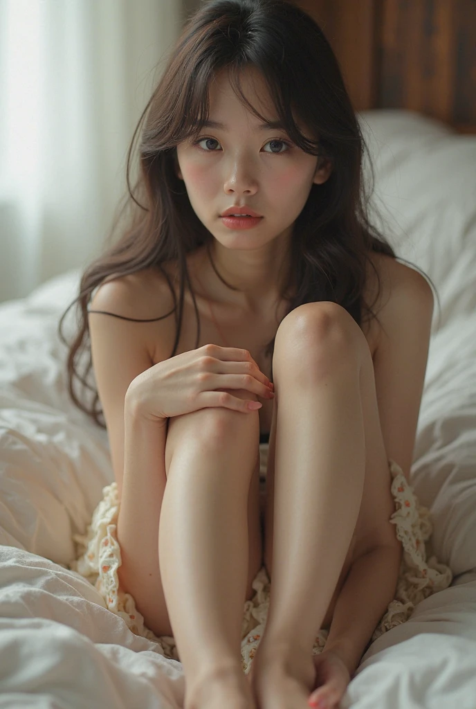 A girl sit in the bed without any dress look beautifully
