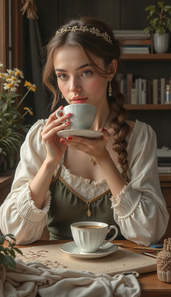 During the French Revolution、Beautiful young farm girl,Bard's view, During the French Revolution、1 male and 2 female, 1 girl is Beautiful young farm girl, 1 man is My father, 1 woman is mother ,I were eating bread and thin slices.-Sipping a cup of coffee、 UHD, accurate, anatomically correct, textured skin, beautiful fingers super detail, high details, high quality, best quality,