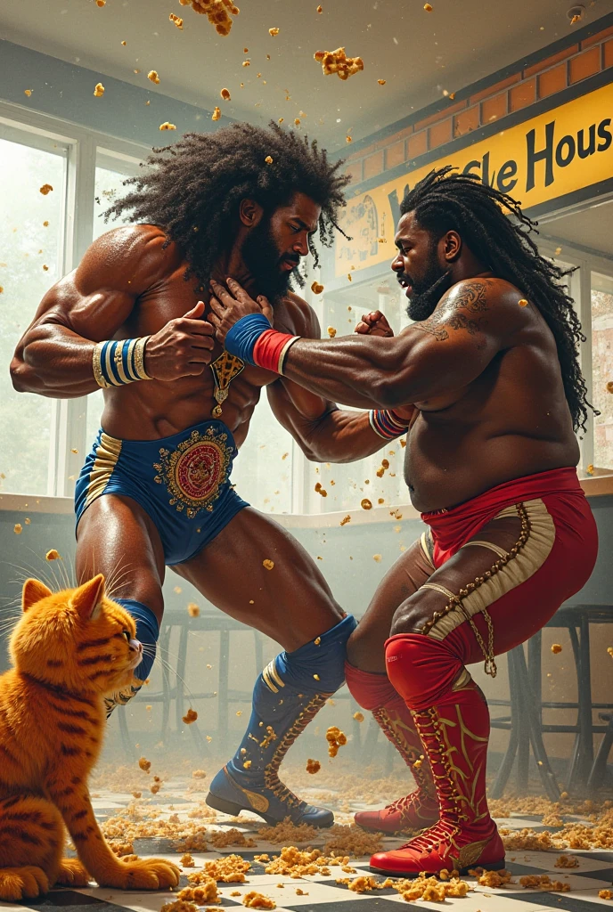 Hyper-realistic image of a smiling rainbow-haired bodybuilder clown superhero hugging a very old and very sweaty friend, over 80 years old, very muscular and fat, over 200 kilos with a bare torso, large and flaccid pectorals, brown nipples and big rainbow mustaches with huge tattooed arms surrounded by many balloons dressed in colorful clown pants with argyles and a huge rainbow afro wig on his head. 