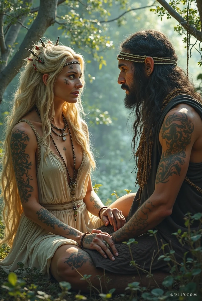 Sacred rebels, an extremely attractive couple. Dark bearded man, a shaman. Blonde extremely sexy woman, huge fake breasts. Side by side, facing the camera.