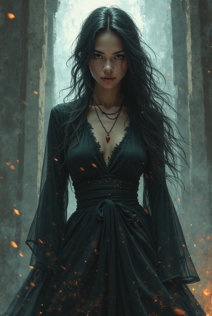 Witch ,forever Young , cursed skin ,black Robe ,very long Hair ,slim ,Slender ,flat chest ,DARK Magic , Red eyes , possessed by the Devil, cursed black Magic book,DARK Shadow spells,DARK Energy around body,Fights against Angels,