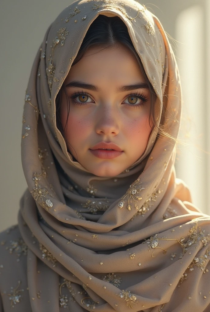 (RAW style, masterpiece, best quality, ultra-detailed) closed-up view , a beautiful hijab woman ((beautiful eyes)) wearing pastel color abaya , exquisite image boasts an ultra-realistic and ultra-detailed representation, with intricate details that capture the depth and nuance of every feature. The depth of field is expertly rendered, adding a sense of dimension and texture to the scene. Octane renders bring out the ultra-definition in the (skin texture, film grain), imbuing the image with a cinematic feel that is further enhanced by the cinematic light, which bathes the girl's face in sidelighting. The ultra high