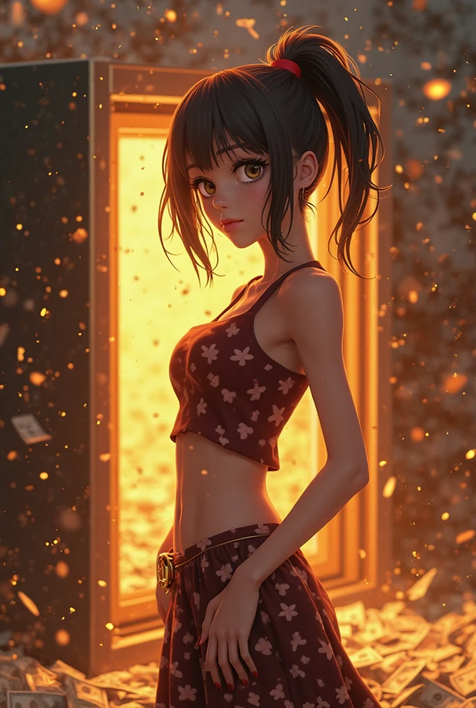 woman,Lina, short hair, Flying over the city, fire, Red glow
