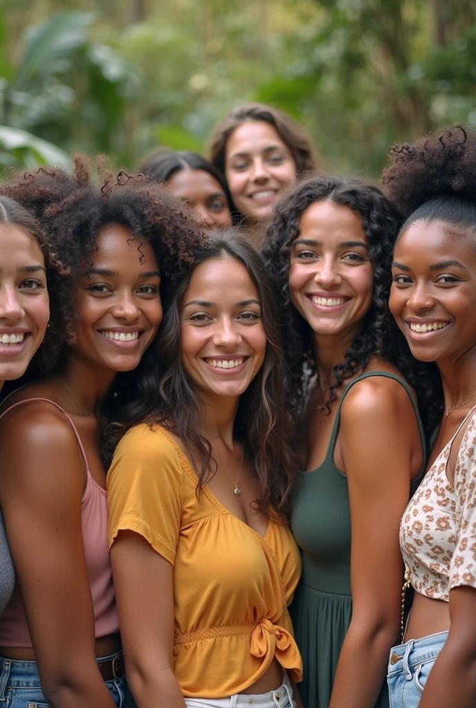 a selfie with a meeting of 6 poor and somewhat ugly women, aged around 35 to 50 years, who suffered possible domestic aggression, in the backyard of a house in the favela, that looks like an amateur photo, with a half-down smile, hugging, Brazilian Women, black, brunettes, curly and wavy hair, a little sad, 
