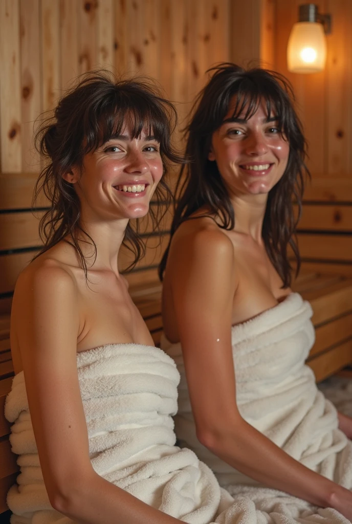 two naked and wet women in a very hot sauna, lesbian