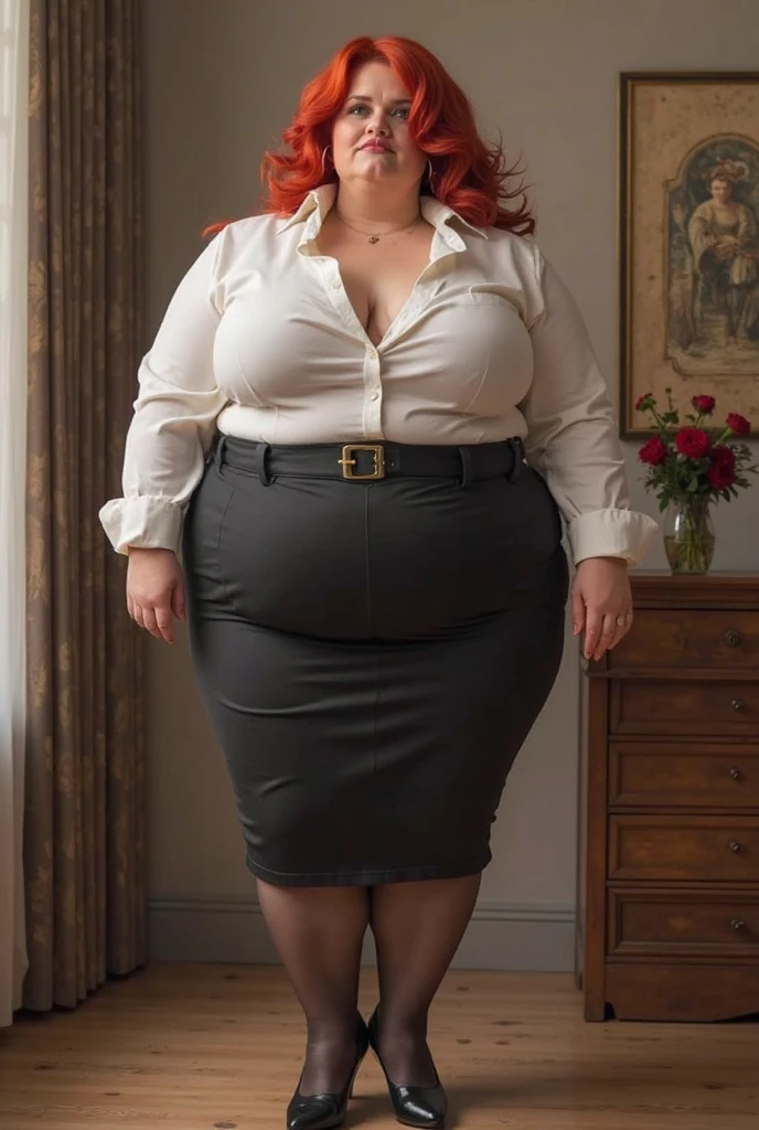 A happy photo of a young beautiful redhead office girl bbw with short ginger hair soft fat belly, wide fat obese hips, thick fat legs and fat arms, cute pretty face, blue eyes, freckles, white tight shirt and black suit and black pants, in a modern office