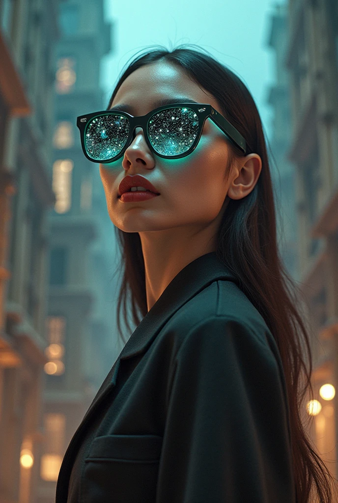 The model is wearing glass sunglasses with stars and the moon on the glass, Show several facades.
