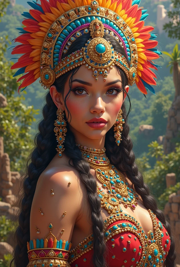 Full body photorealistic highly detailed portrait of an Aztec princess, (((Aztec princess aesthetics))), Aztec woman, by atey ghailan, by greg rutkowski, by greg tocchini, by james gilleard, by joe fenton, by kaethe butcher, colourful gradient, beautiful vibrant colours, grunge aesthetic! ! ! ( ( graffiti tag wall background ) ), perfect anatomy, (((octane render))) (((3d model))) extreme detail, intricate, standing pose