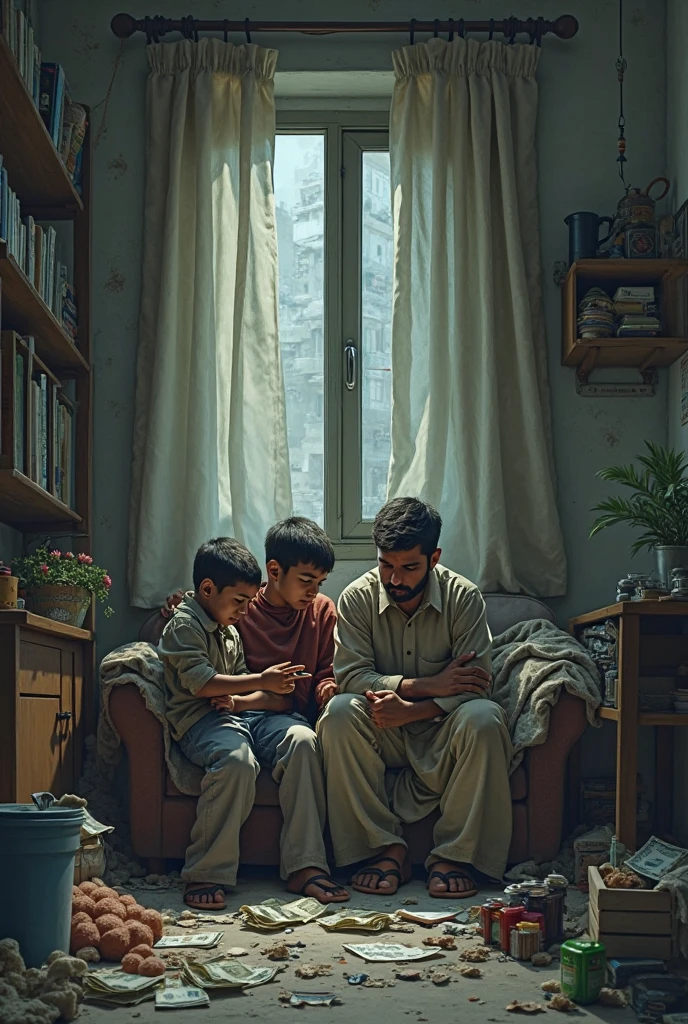 Rajú’s Laziness:** A young boy, Rajú, lying in bed lazily with a sleepy expression. His room is messy with books scattered around, and outside the window, children are playing. His parents and teacher look frustrated and disappointed as they stand near the door, trying to get his attention