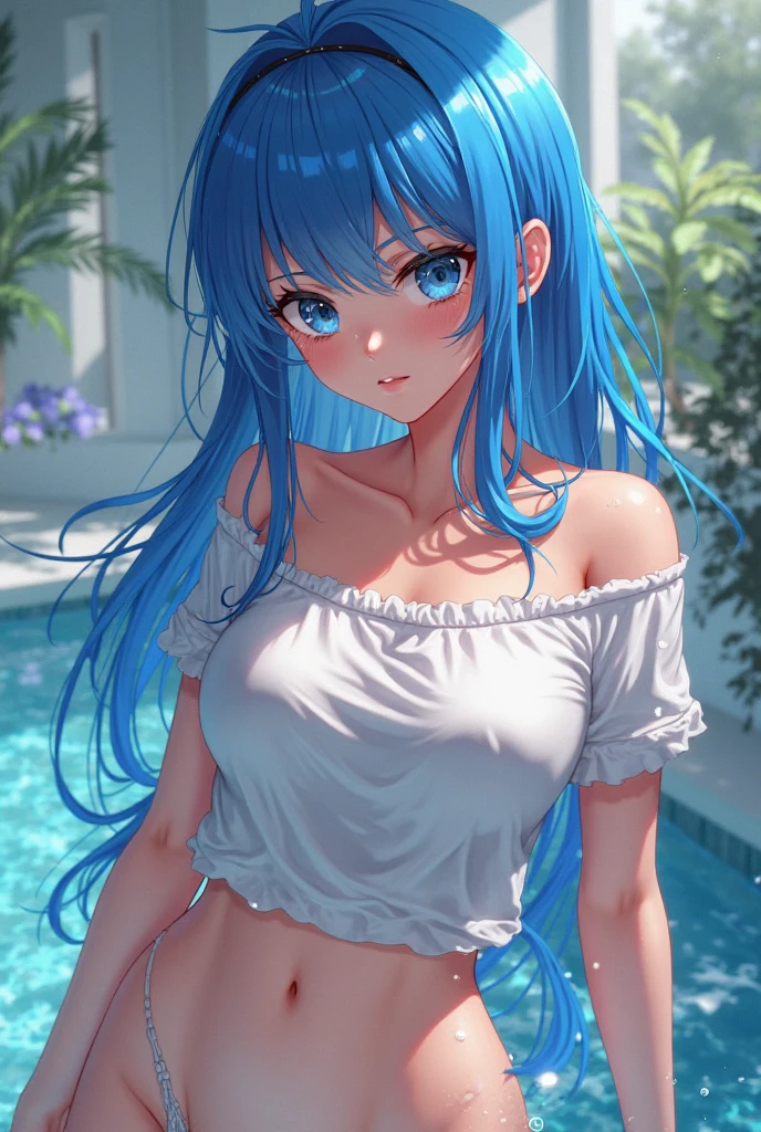 Official art、Top quality ultra-detailed CG art、barechested:1.2)、Blue hair、lively girl、white t-shirts、Transcendent Cute、kirakira、ssmile、Hide and seek、the beach、clean、Short,